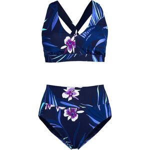 Land's End Two piece Tugless Midkini high leg high waist bottoms navy floral Med
